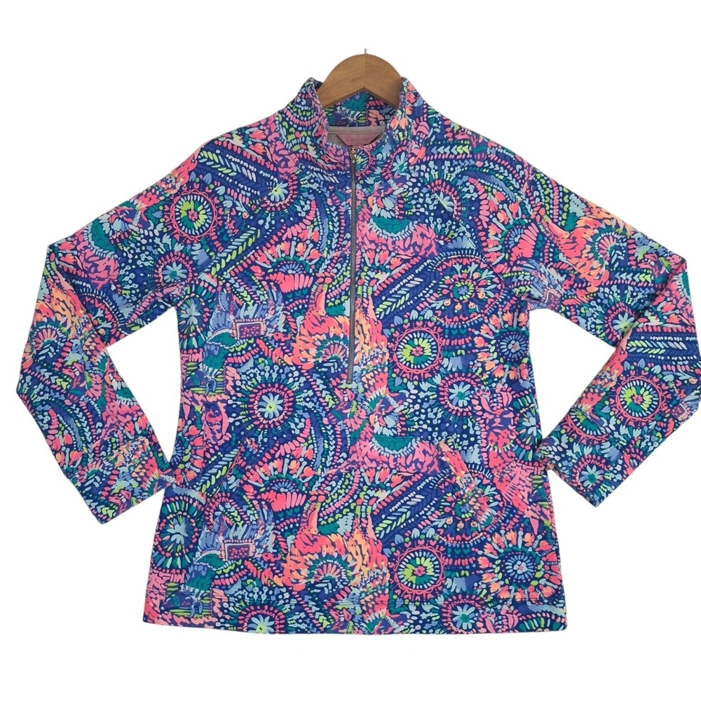 Lilly Pulitzer Skipper Popover 1/2 Zip Sweatshirt M Pink Blue Elephant Print